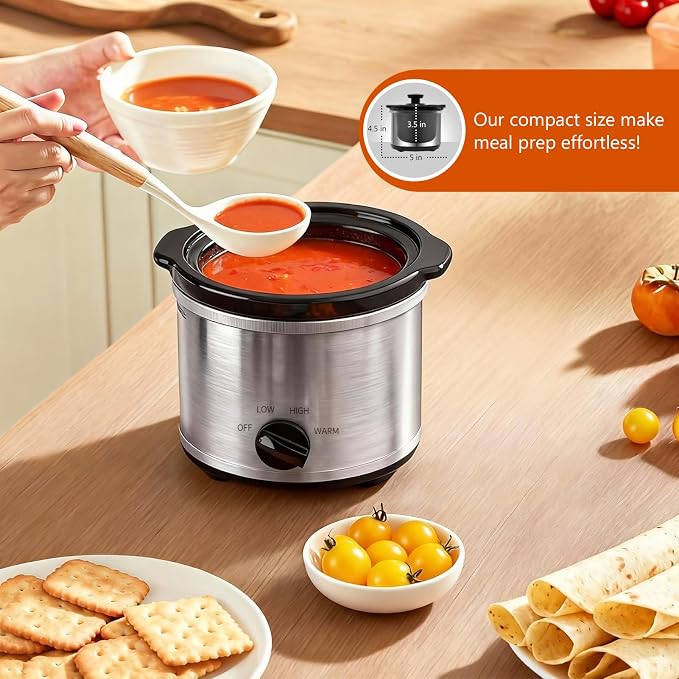 Mini Slow Cooker, 0.65 Qt Capacity small slow cooker, Ceramic Pot, Nutrient Loss Reduction, For Sauces, Stews & Dips, Round (ss with temp. knob)