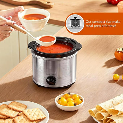 Mini Slow Cooker, 0.65 Qt Capacity small slow cooker, Ceramic Pot, Nutrient Loss Reduction, For Sauces, Stews & Dips, Round (ss with temp. knob)