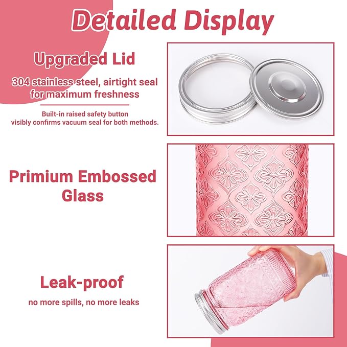 Pink Mason Jars 32 oz with Stainless Steel Leakproof Lids, 2 Pack Wide Mouth Colored Glass Jars for DIY Crafts, Wedding Centerpieces, Home Decor, Flower Vase, Bathroom Storage