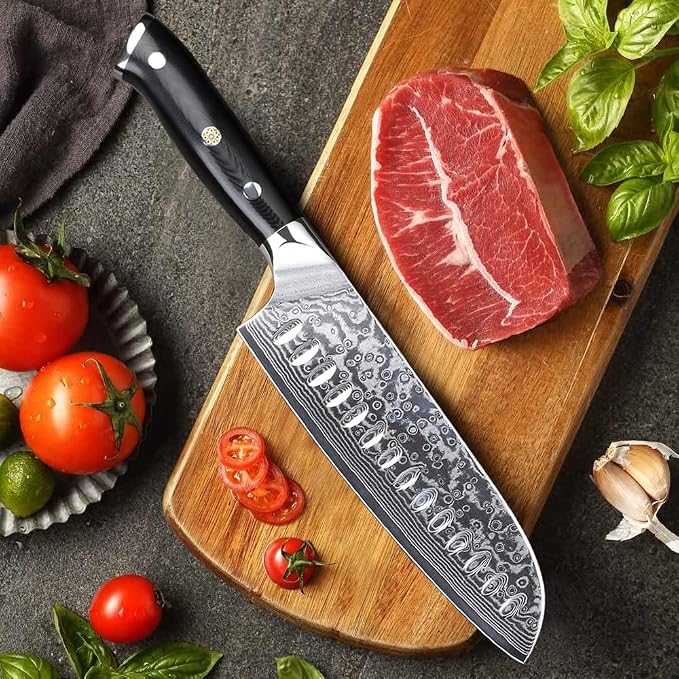 TURWHO Professional Santoku Knife 7 inch - Classic Damascus pattern Japanese VG-10 Steel Chef Knife