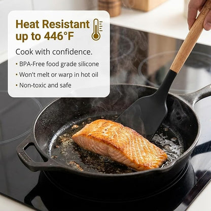 Silicone Cooking Utensils Set - 446°F Heat Resistant Silicone Kitchen Utensils Set, Spatula,Turner Tongs, Spoon, Whisk,Kitchen Gadgets for Nonstick Cookware, BPA Free（Black）