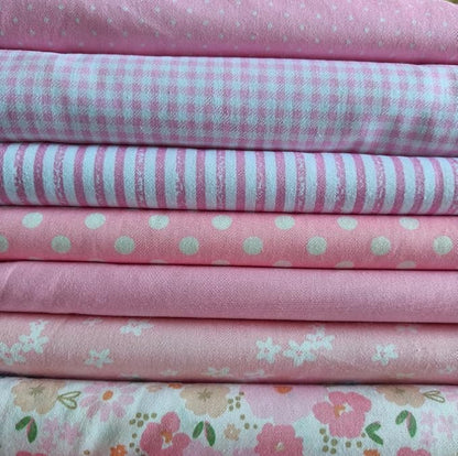 7PCS 9.8" x 9.8"(25 * 25CM) Quilting Fat Quarters Fabric Bundles, for Sewing Crafting,Print Floral Striped Polka Dot 100% Cotton Gingham Fabric (Mix Pink, 25 * 25cm)