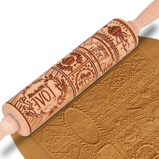 Valentine Embossed Rolling Pins for Cookies, Wooden Engraved Rolling Pin for Baking, Embossing Rolling Pin with Design Patterned Rolling Pin Decorative Springerle Cookie Mold Stamp Clay Pattern Roller