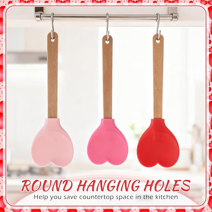 Chengu 3 Pcs Heart Shaped Silicone Spoon with Wooden Handle Valentine Day Kitchen Utensil Gift Set Red Pink Hot Heart Spatula Non-stick Cooking Tools for Mixing Stirring and Baking