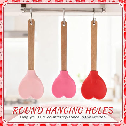 Chengu 3 Pcs Heart Shaped Silicone Spoon with Wooden Handle Valentine Day Kitchen Utensil Gift Set Red Pink Hot Heart Spatula Non-stick Cooking Tools for Mixing Stirring and Baking