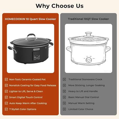 HOMECOOKIN Slow Cooker, Extra Large 10 Quart Programmable Slow Cookers with Timer, Dishwasher Safe Glass Lid & Crock, Kitchen Appliance for Families and Gatherings, Black