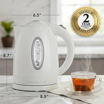 OVENTE Electric Kettle, 1.7L Fast Boiling Water Heater for Coffee or Tea, BPA Free with Water Level Gauge, Auto Shut-Off, Boil-Dry Protection, Indicator Light and Removable Filter, White KP72W