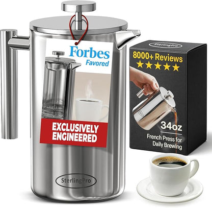 SterlingPro Small Insulated Stainless Steel French Press Coffee Maker 34oz – Insulated Metal Double Wall Coffee Maker | Plastic Free | Cool-Touch | Mirror Finish | Makes up to 8 cups / 4 mugs
