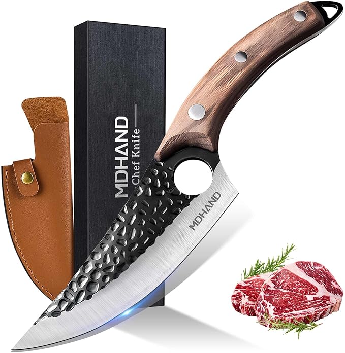 MDHAND Chef Knife - Hand Forged Kitchen Knives, High Carbon Steel Viking Knives, Meat Cutting Knife for Kitchen, Japanese Chef Knives for Camping, BBQ, Hunting, Gifts for Men