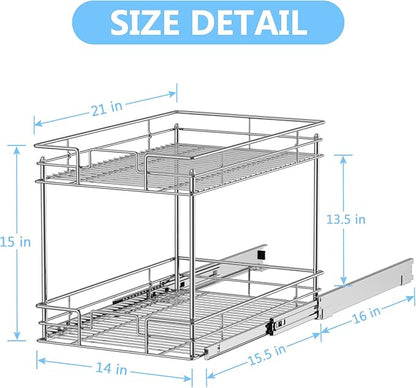 LOVMOR 2-Tier Pull Out Cabinet Organizer, 14" W x 21" D, Chrome Pull Out Drawer for Base Cabinet Silver