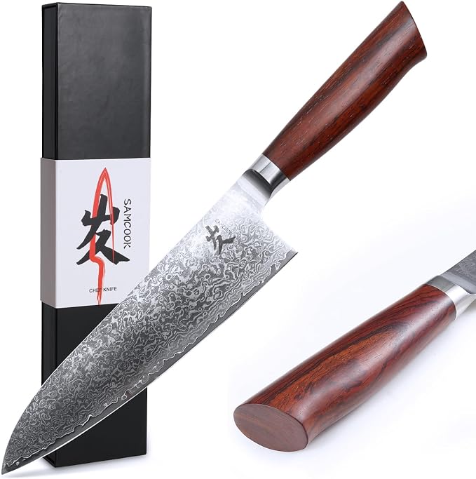 SAMCOOK Damascus Chef Knife - 8 Inch Professional Sharp Gyuto Knife - Japanese VG-10 High Carbon Stainless Steel Kitchen Cooking knife - Ergonomic Sandalwood Handle with Gift Box