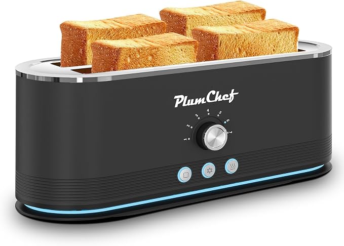 Plum chef 4-Slice Toaster, Extra Wide Long SIot Toaster, 7 Browning Settings,Defrost/Reheat Functions, Removable CrumbTray, Stainless Steel Housing,Anti-Fingerprint & Anti-Jam (Black)
