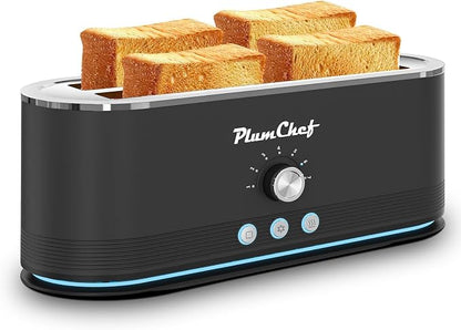 Plum chef 4-Slice Toaster, Extra Wide Long SIot Toaster, 7 Browning Settings,Defrost/Reheat Functions, Removable CrumbTray, Stainless Steel Housing,Anti-Fingerprint & Anti-Jam (Black)