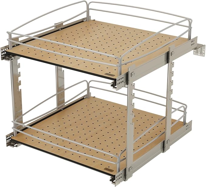 Rev-A-Shelf 2 Tier Pull Out Kitchen Cabinet Storage Organizer with Solid Bottom & Undermount Soft-Close Full Extension Slides, Min Opening Width of 20", 54BK-21SC-2-1