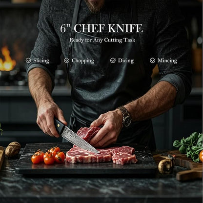 Chef Knife 6 Inch,Light Kitchen Knife, Ideal for All-Around Food Preparation with Damascus Steel Knife,Ultra Sharp Japanese Knife with Ergonomic Handle