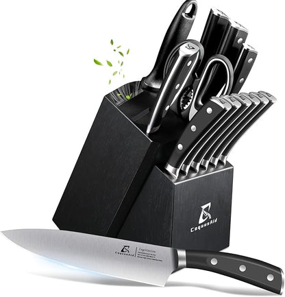 CoquusAid Knife Set, Upgrade 15 Pcs Knife Block Set with Widened Ventilated Slot, German Stainless Steel Kitchen Knives Set with Sharpener, Professional Chef Knives Set, Full Tang Ergonomic Handle