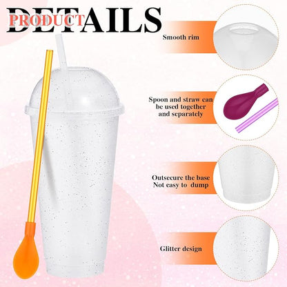 6 Set Slushie Cups with Dome Lids and Straws Detachable Spoon Straws Reusable Plastic Iced Coffee Cups Smoothie Tumbler for Birthdays Summer Party Supplies(Dark Colors,24 oz)