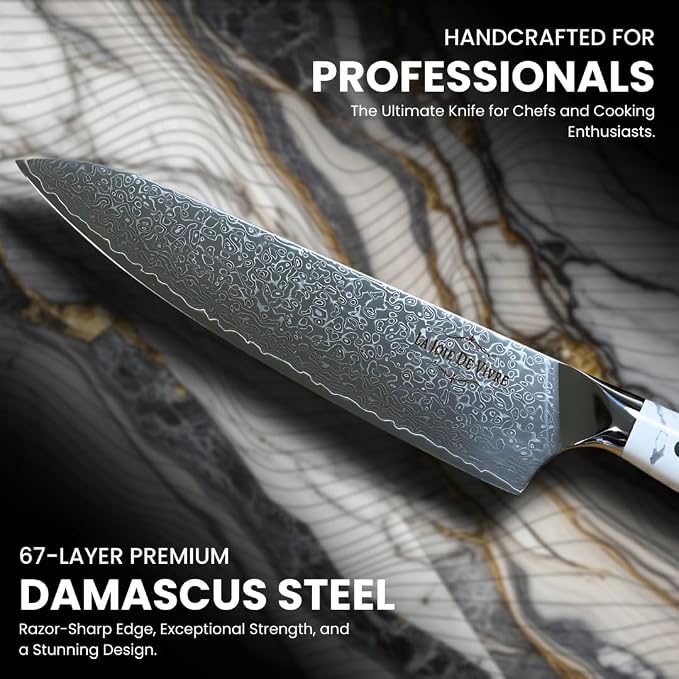 Damascus Chef Knife 8 Inch, 67-Layer VG-10 Japanese Steel Kitchen Knife, Razor Sharp Professional Chef Knife with White Turquoise Resin Handle & Premium Gift Box