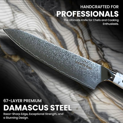 Damascus Chef Knife 8 Inch, 67-Layer VG-10 Japanese Steel Kitchen Knife, Razor Sharp Professional Chef Knife with White Turquoise Resin Handle & Premium Gift Box