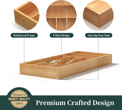 Silverware Organizer, Bamboo Kitchen Drawer Organizer, Utensil Holder, Cutlery Tray & Spoon Flatware Storage with Grooved Drawer Dividers (6.7''W x 15.5''D)