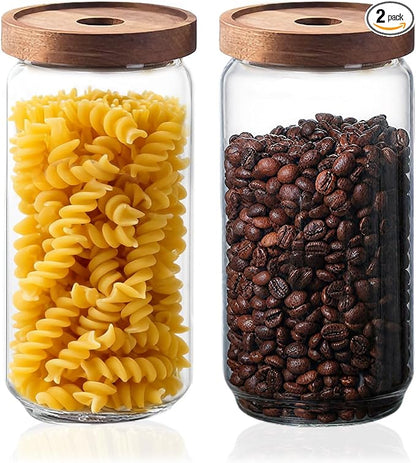 Glass Jars with Airtight Wood Lids - 34 OZ Kitchen Pantry Storage Containers, Decorative Canister for Fusilli, Spaghetti, Pasta, Sugar, Coffee Beans, Cereal, Oats, Candy, Cookie, Tea, Nuts, Set of 2