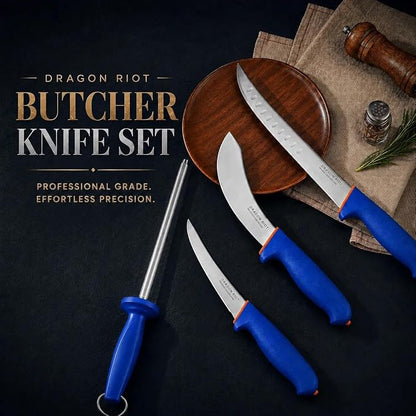 DRAGON RIOT 4 Piece Butcher Knife Set Brisket Trimming Set Include 6" Boning Knife, 6" Skinning Knife, 10" Butcher Breaking Knife and 10" Sharpening Steel