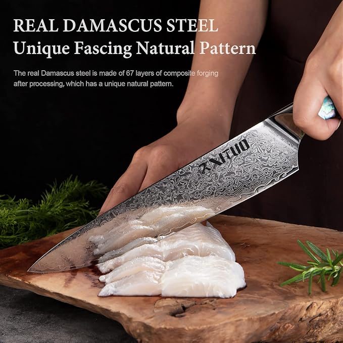 XITUO 8-Inch Damascus Steel Chef Knife, Japanese VG10 Super Steel Full Tang Blade, Razor Sharp Kitchen Knives, Ergonomic Abalone Shell Handle, Dazzling Series - Gift Box