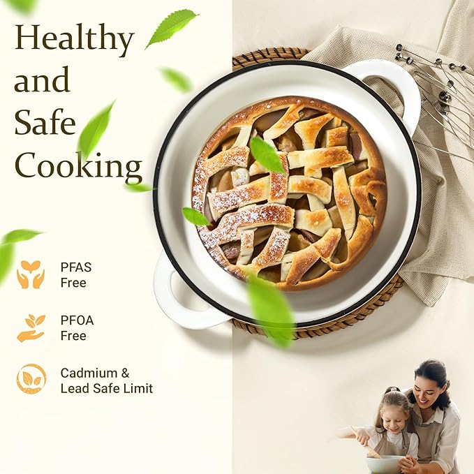 Overmont Enameled Cast Iron Dutch Oven - 4.5QT Pot with Lid Cookbook & Cotton Potholders - Heavy-Duty Cookware for Braising, Stews, Roasting, Bread Baking PearlWhite