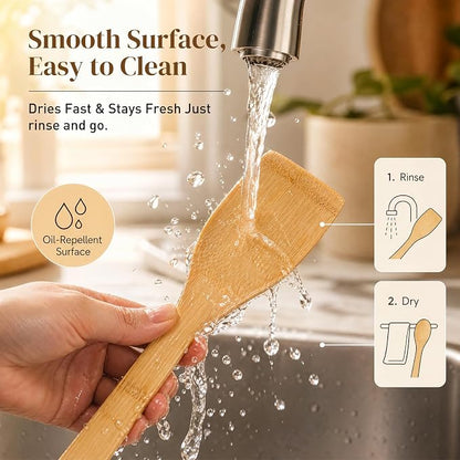 HANSGO 7-Piece Bamboo Kitchen Utensils Set, Wooden Spoons & Spatulas for Nonstick Cookware, Lightweight Heat-Resistant Cooking Tools with Comfortable Grip, Kitchen Gift Set