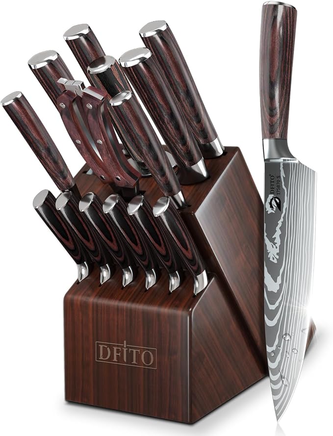 Dfito Kitchen Knife Set, 15 Pieces Knife Set with Block and Sharpener, High Carbon Stainless Steel Chef Knives Set with Red Pakkawood Handle for Home Cooking, Dishwasher Safe