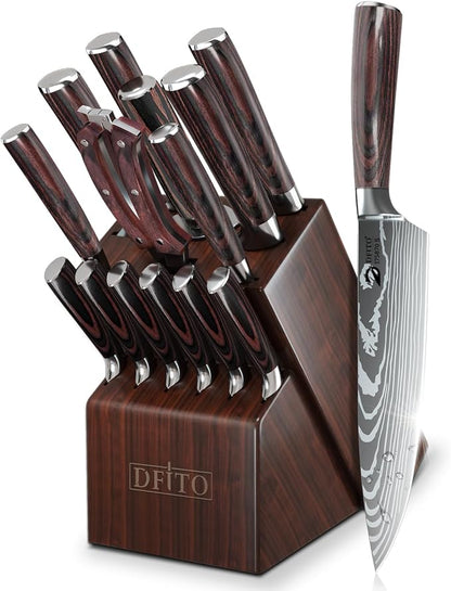 Dfito Kitchen Knife Set, 15 Pieces Knife Set with Block and Sharpener, High Carbon Stainless Steel Chef Knives Set with Red Pakkawood Handle for Home Cooking, Dishwasher Safe
