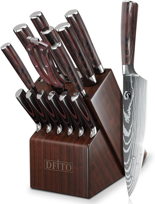 Dfito Kitchen Knife Set, 15 Pieces Knife Set with Block and Sharpener, High Carbon Stainless Steel Chef Knives Set with Red Pakkawood Handle for Home Cooking, Dishwasher Safe