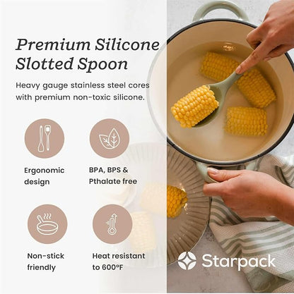 Starpack 'Let it Drain' Silicone Slotted Spoon(10.6 Inches) - Small Spoon with Slots for Cooking Heat Resistant to 600°F - Silicone Slotted Serving Spoons, Non Stick Cooking Spoons with Slots