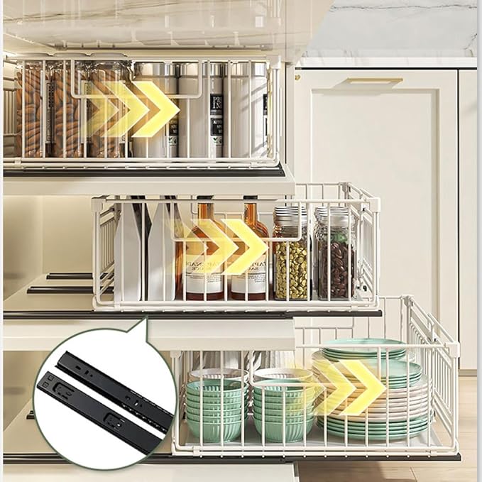 Expandable Pull Out Cabinet Organiser, No Drill Adhesive Slide Out Kitchen Drawer Shelf Durable Metal for Under Sink, Cupboard, Pantry, Adjustable Width (12.8"-19.7") (Style B White, 2 Pack)