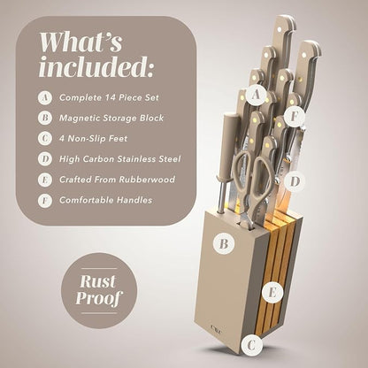 COOK WITH COLOR 14 Pieces Kitchen Knife Block Set, Knives for Kitchen, Forged Cutlery with Razor-Sharp High Carbon Steel Blades, Magnetic Block