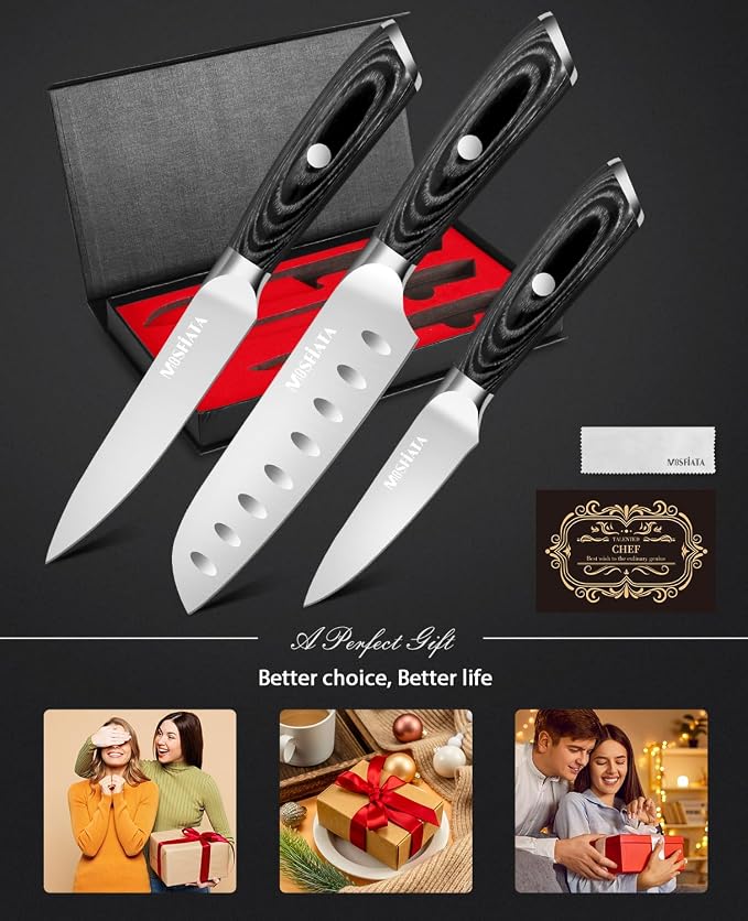 MOSFiATA 3pcs Kitchen Knife Set, Sharp Chef Knife High Carbon German EN1.4116 Stainless Steel Santoku Cooking Knife, Fruit Paring Knife Kitchen Chopping Knives Set with Wooden Handle and Gift Box