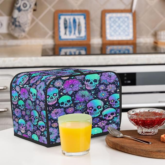 2 Slice Skull Psychedelic Purple Toaster Cover Waterproof Dust Fingerprint Bread Machine Cover Washable Kitchen Appliance Protector For Home Kitchen Bakeware Table Decor Women Gifts