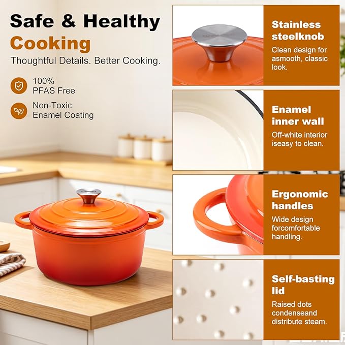 Enameled Cast Iron Dutch Oven - 4QT Pot with Lid,Oven Safe to 500°F,Heavy-Duty Cookware for Sourdough Bread Baking,Braising,Stews,Roasting Orange