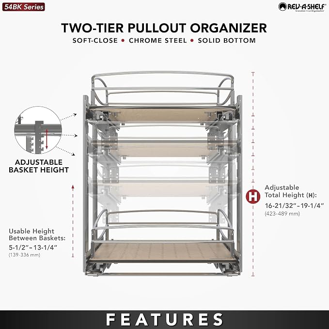 Rev-A-Shelf 2 Tier Pull Out Kitchen Cabinet Storage Organizer with Solid Bottom & Undermount Soft-Close Full Extension Slides, 54BK-18SC-2-1