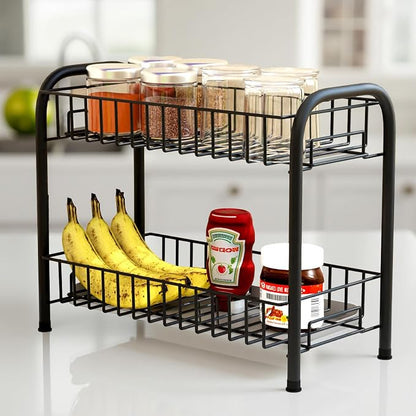 2-Tier Metal Home/Kitchen Countertop Spice Rack Organizer, Storage Shelf for Jars, Condiments, Utensils, Multipurpose Stand for Pantry, Cabinet, Kitchen Essentials