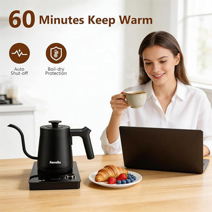 Electric Gooseneck Kettle Black with Digit LED Display and Dial Control, Pour Over Kettle for Coffee & Tea, Hot Water Boiler, Stainless Steel Inner Lid & Bottom, 1300W, 0.8L