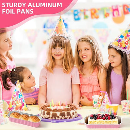 100 Pack 6.8 oz Rectangular Mini Loaf Pans with Lids and Spoons,Disposable Aluminum Foil Mini Cake Pans and Baking Tins with Sealing Stickers, Individual Pink Dessert Containers for Parties