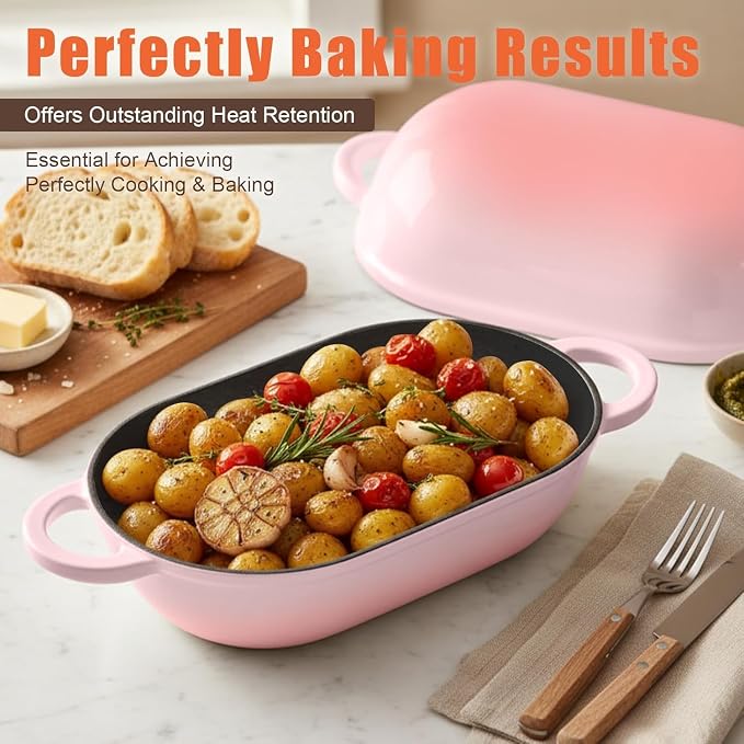 Enameled Cast Iron Sourdough Bread Oven, 2.5 QT Loaf Cast Iron Bread Pan with Lid, Oval Dutch Oven for Homemade Bread Baking, Meatloaf Pan with Lid (Pink)
