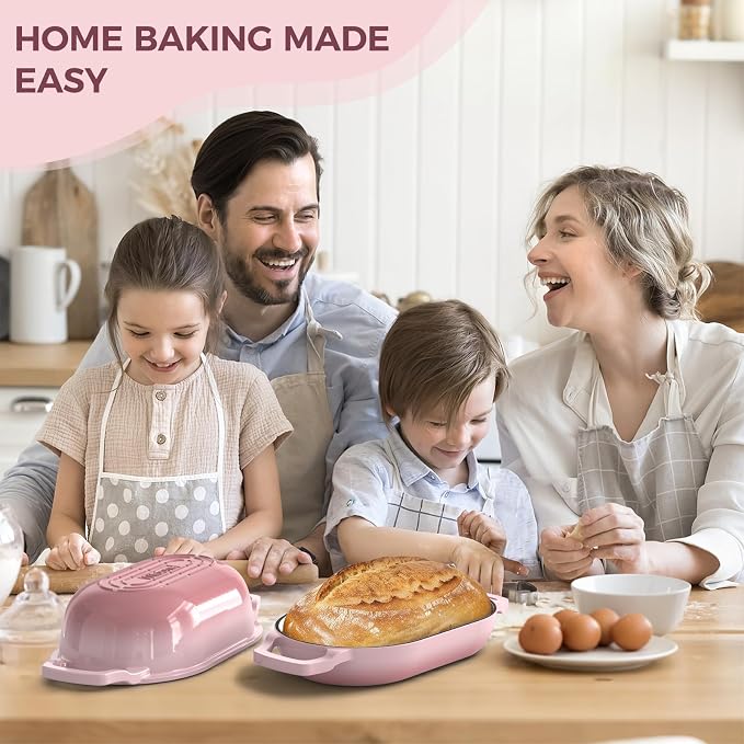 Enameled Cast Iron Sourdough Bread Oven, Wildone 5.5QT Cast Iron Dutch Oven for Homemade Bread Baking, Bread Pan with Lid & Cotton Potholders, Pink