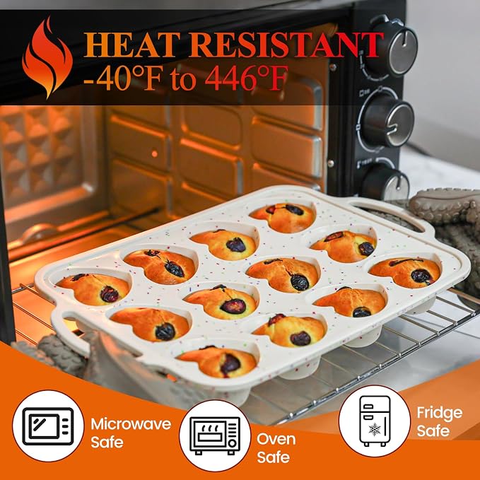 FUNBAKY 2 Pcs Heart Shaped Silicone Muffin Pan，Metal Reinforced Frame, 12-Cavity Nonstick Silicone Heart Mold for Muffins, Cupcakes, Bread,Chocolate Muffin and Tartlets