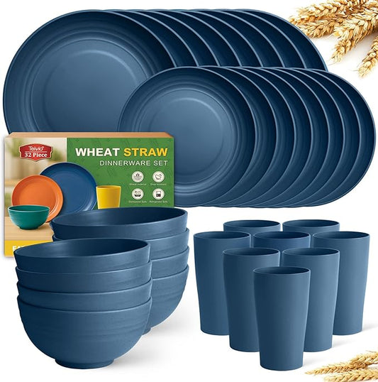 Teivio 32-Piece Kitchen Plastic Wheat Straw Dinnerware Set, Service for 8, Dinner Plates, Dessert Plate, Cereal Bowls, Cups, Unbreakable Colorful Plastic Outdoor Camping Dishes, Autumn Blue