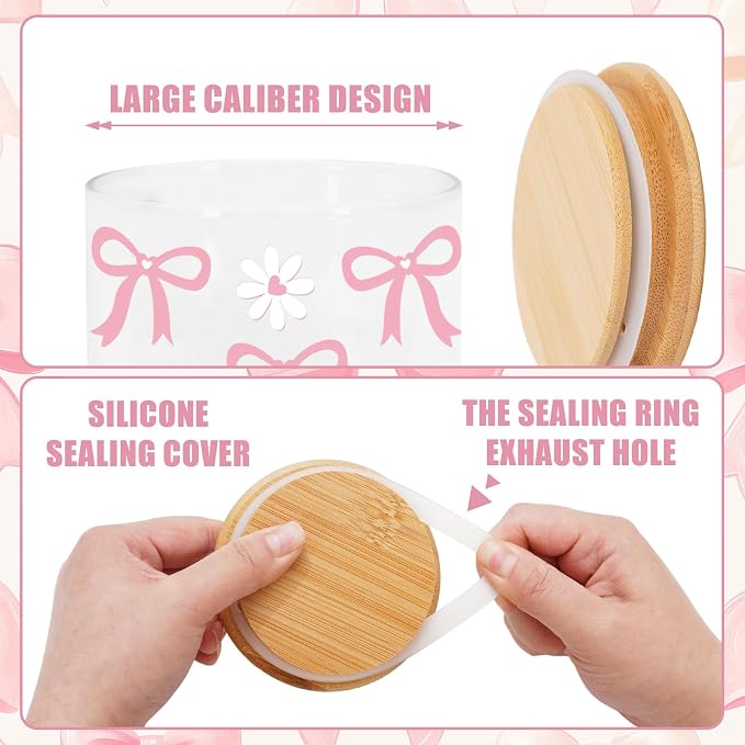 JarThenaAMCS 3 Pcs Pink Bow Glass Storage Jars with Airtight Lid Cute Bow Cherry Floral Decorative Canisters Sets for Valentine's Day Home Kitchen Countertop