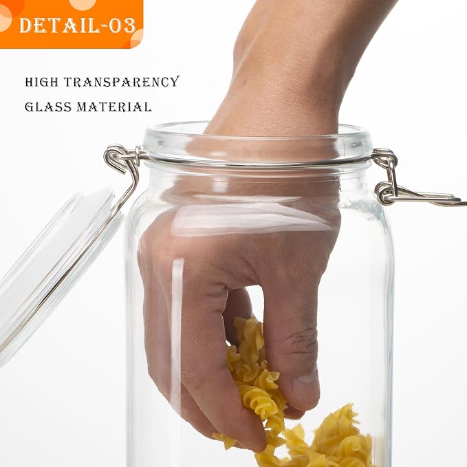 50oz Square Glass Food Storage Jars with Airtight Clamp Lids, 3 Pack Large Kitchen Canisters for Flour, Cereal, Coffee, Pasta and Canning, Mason Jar (Clear 50oz Square - 3 sets)
