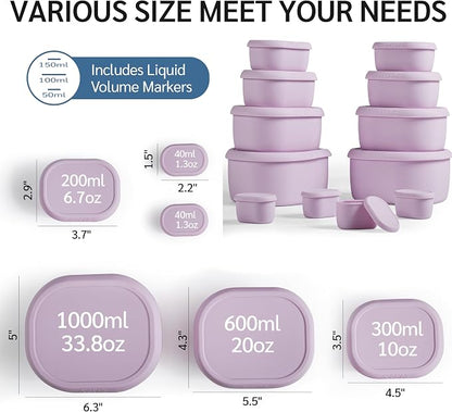 ISSEVE 12Pcs/Set Nesting Silicone Food Storage Containers with Lids, BPA Free Reusable Meal Prep Silicone Containers Airtight, Freezer Dishwasher Safe (33.8oz, 20oz, 10oz, 6.7oz, 1.3oz) (Purple)