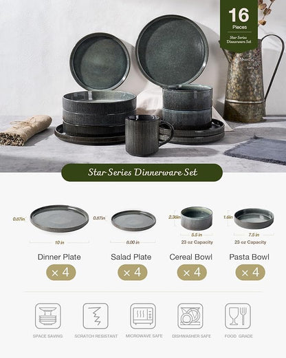 Famiware Star 16-Piece Stoneware Dinnerware Sets, Service for 4 - Shallow Pasta Bowls & Flat Plates, Modern Rustic Reactive Glaze Dishes, Chip/Scratch Resistant, Microwave/Dishwasher Safe, Deep Forest